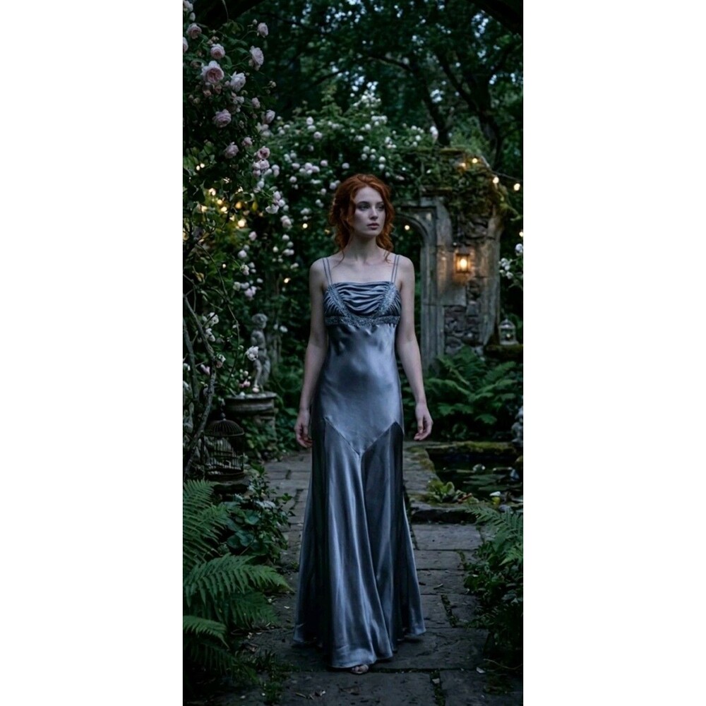 Vintage Niki Livas Y2K Prom Dress Formal Gown Sz 8 Beaded Satin Pewter Gray Glam